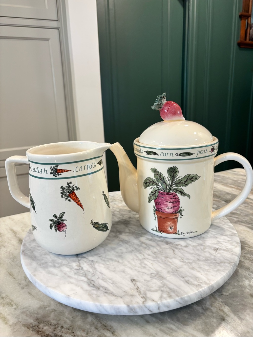 Otagiri 1997 Enesco Corporation Mary Hughes Vegetable theme teapot & pitcher set